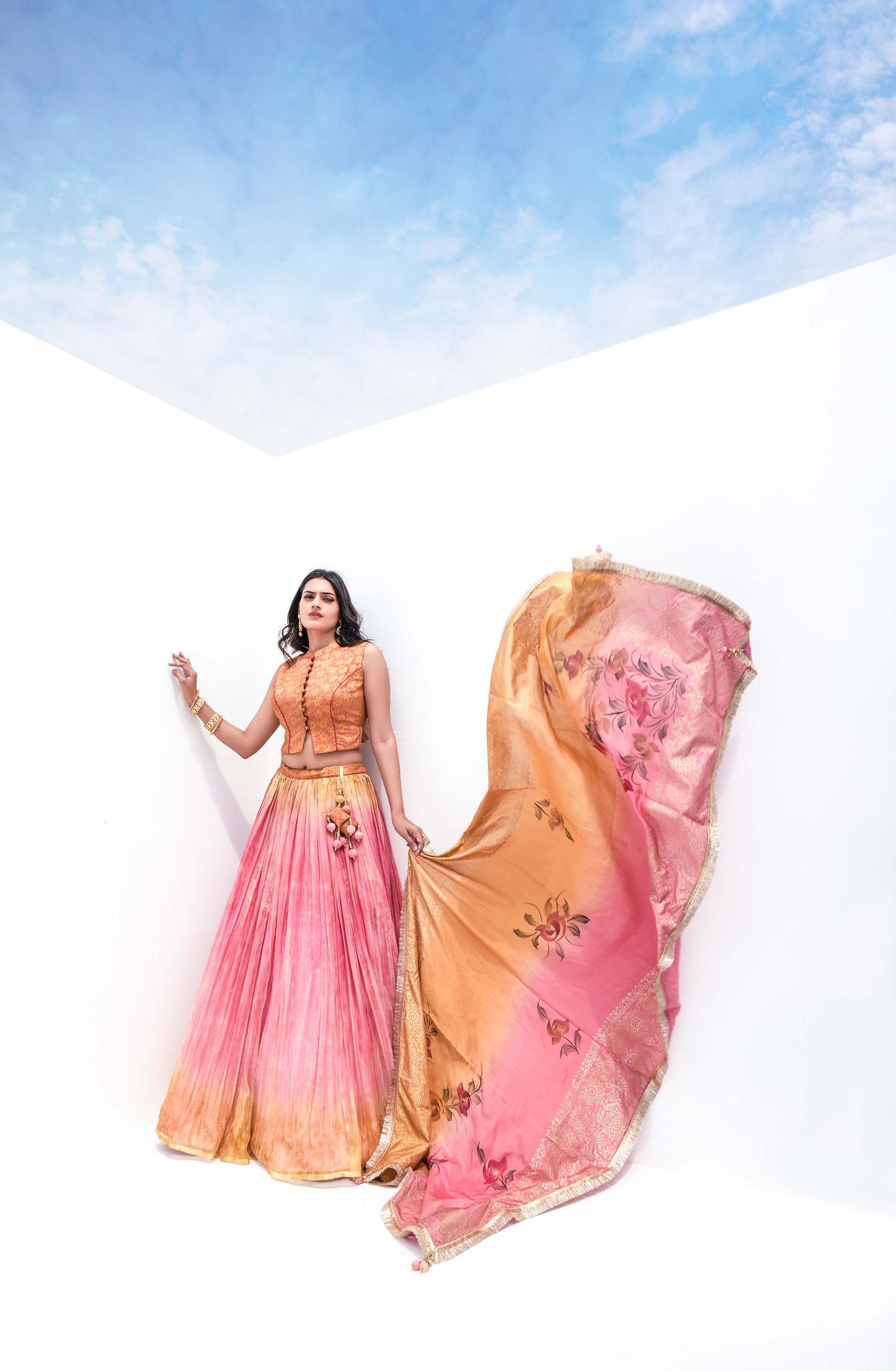 Stunning Pink & Orange Embroidered Lehenga for Haldi 77209