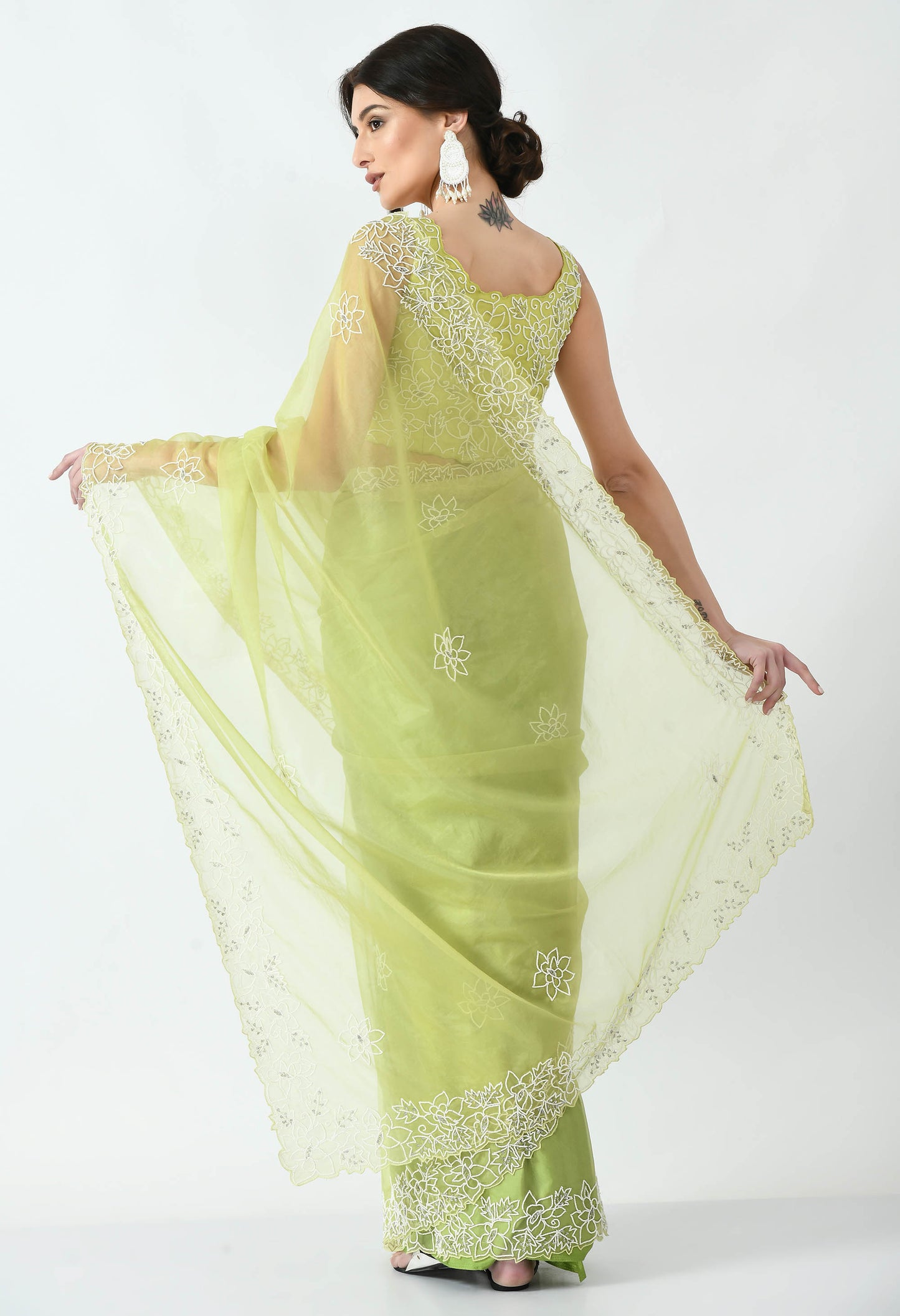 Lime Hand embroidered Organza Special Designer Saree for Bridesmaid