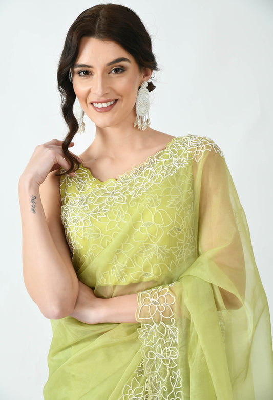 Lime Hand embroidered Organza Special Designer Saree for Bridesmaid