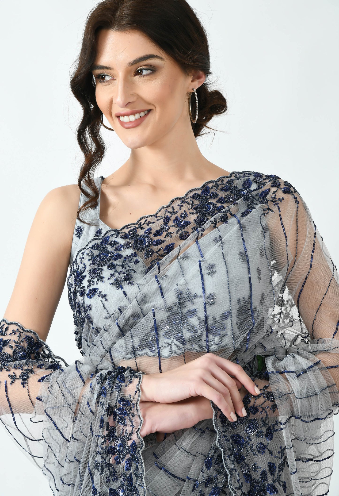 Pearl Hand embroidered Net Special Designer Saree for Wedding