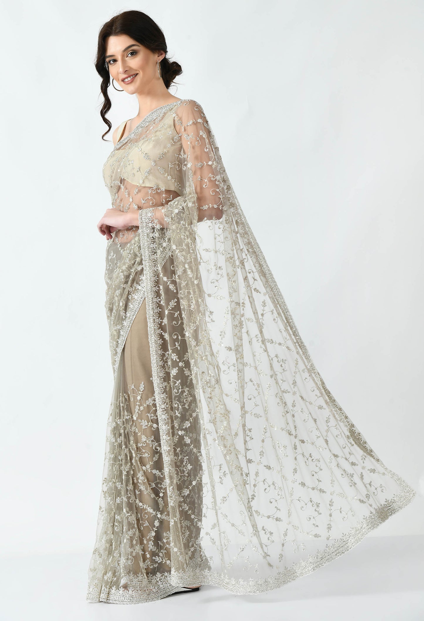 Cream Hand embroidered Net Special Designer Saree for Wedding