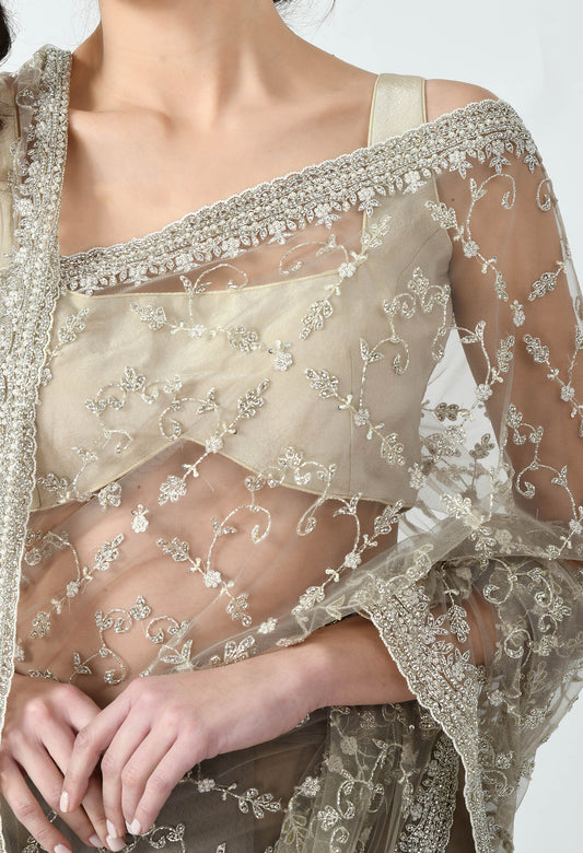 Cream Hand embroidered Net Special Designer Saree for Wedding