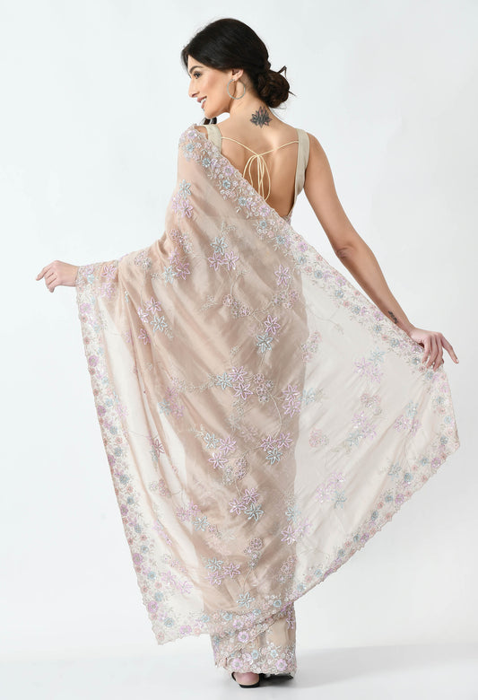 Beige Hand embroidered Floral Organza Special Designer Saree