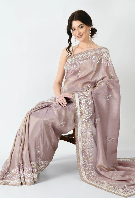 Nude embroidered Tissue Organza Special Designer Sleeveless Saree