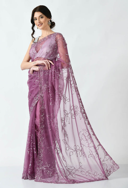 Peach Hand embroidered Organza Sleeveless Designer Saree for Wedding