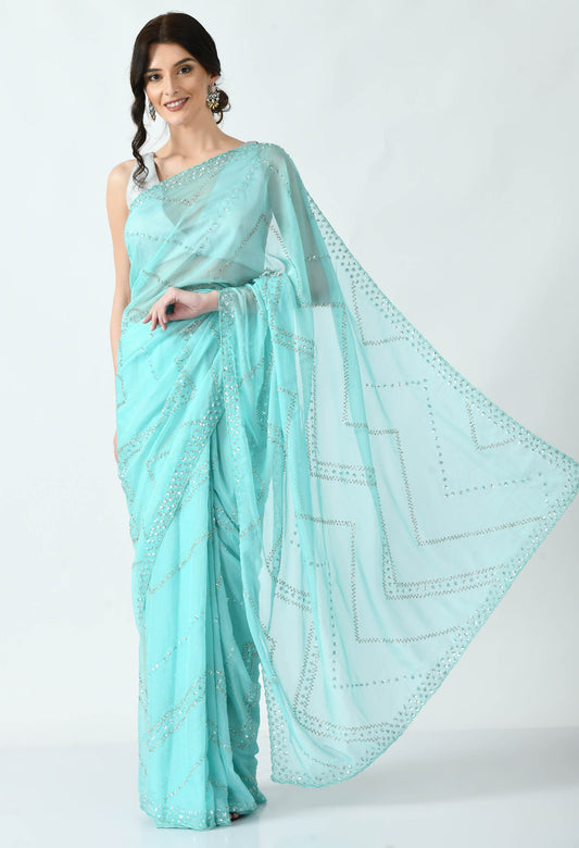 Sky Blue Hand embroidered Organza Special Designer Saree for Engagement
