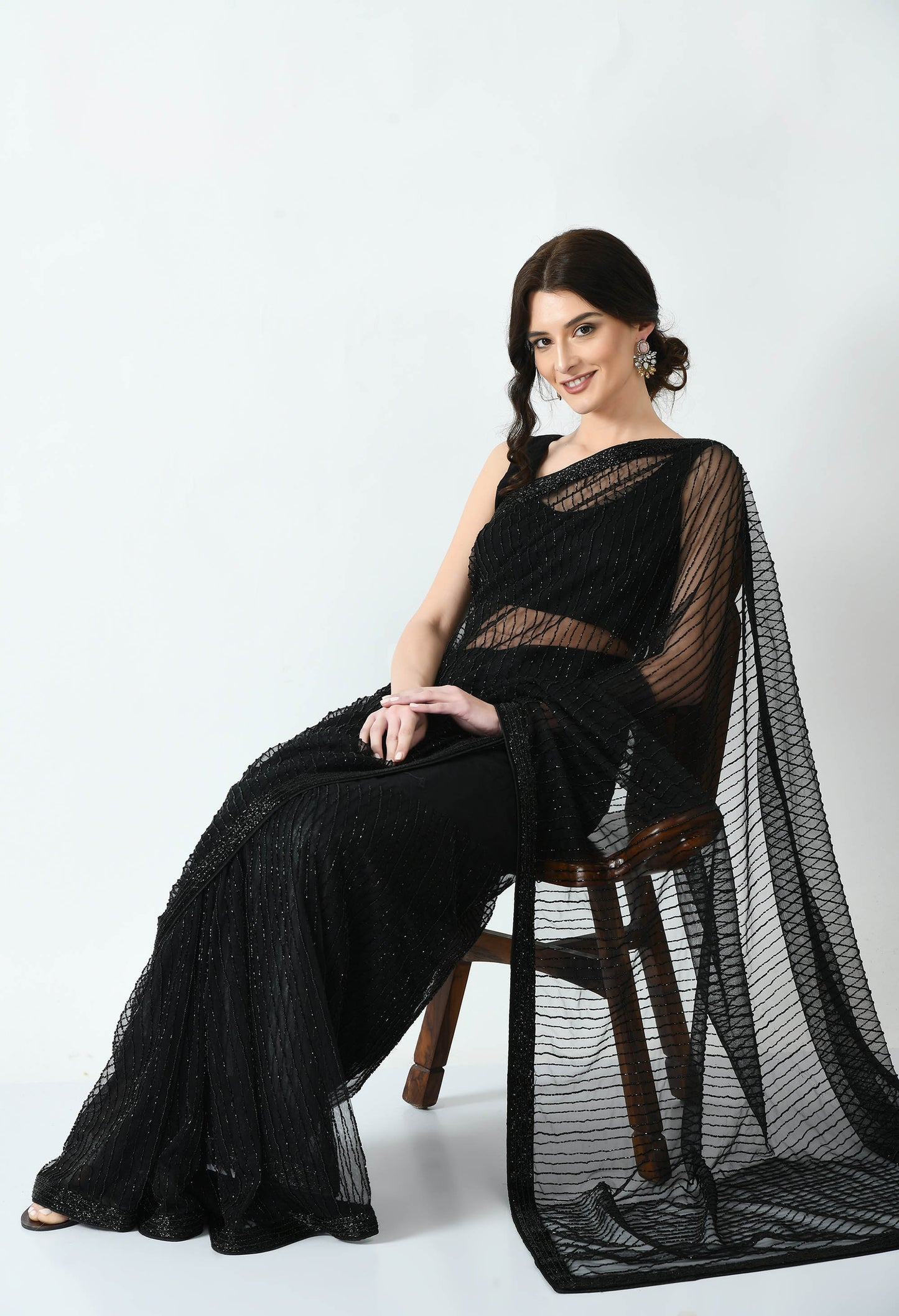 Black Hand embroidered Net Transparent Designer Saree for Cocktail