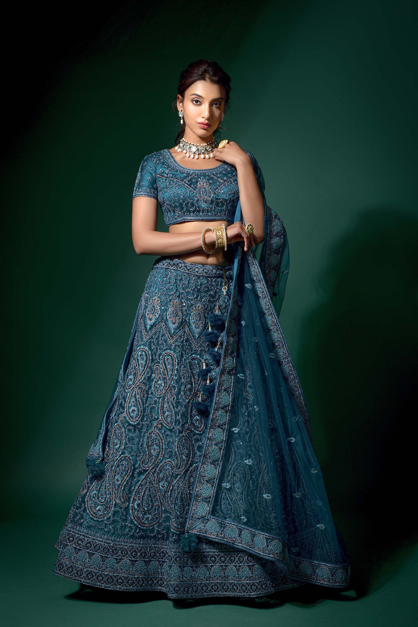 Attractive Blue Color Zarkan Work Net Lehenga