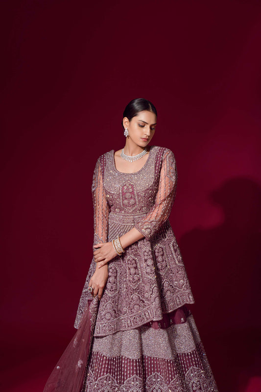 Classy Purple Embroidered Peplum Jacket Lehenga