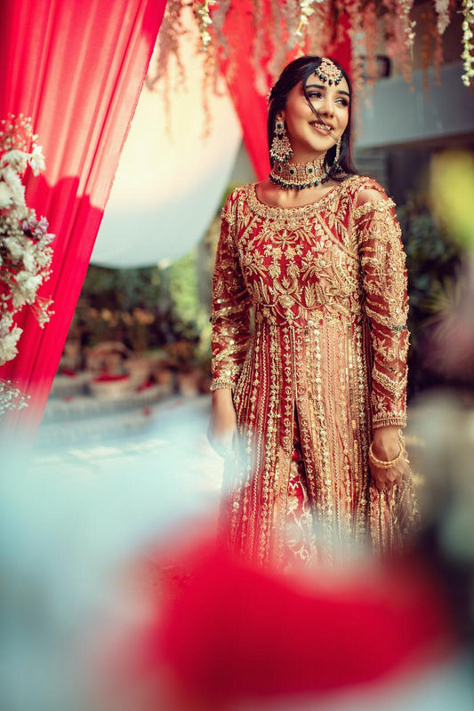 Golden Red Color Partywear Pure Tissue Gown