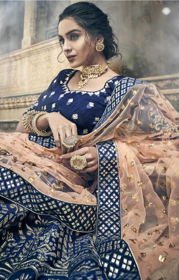 Navy Blue Embroidered Heavy Lehenga Choli-Women-Glamou al