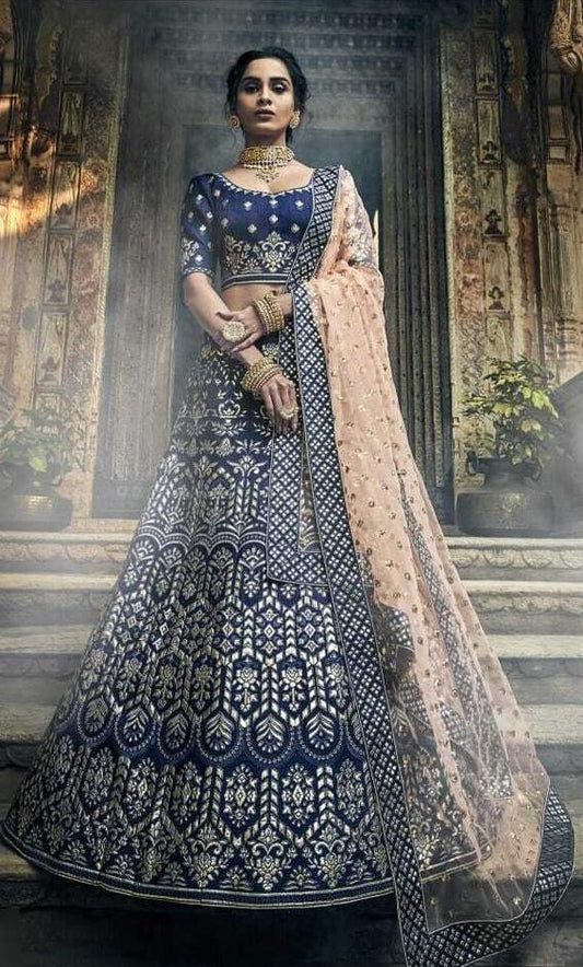 Navy Blue Embroidered Heavy Lehenga Choli-Women-Glamou al