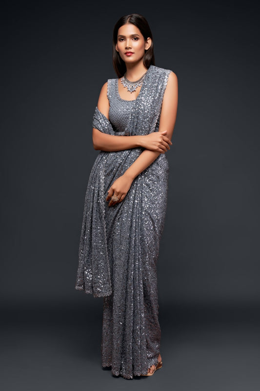 Grey Color Sequined Georgette Party Wear Saree