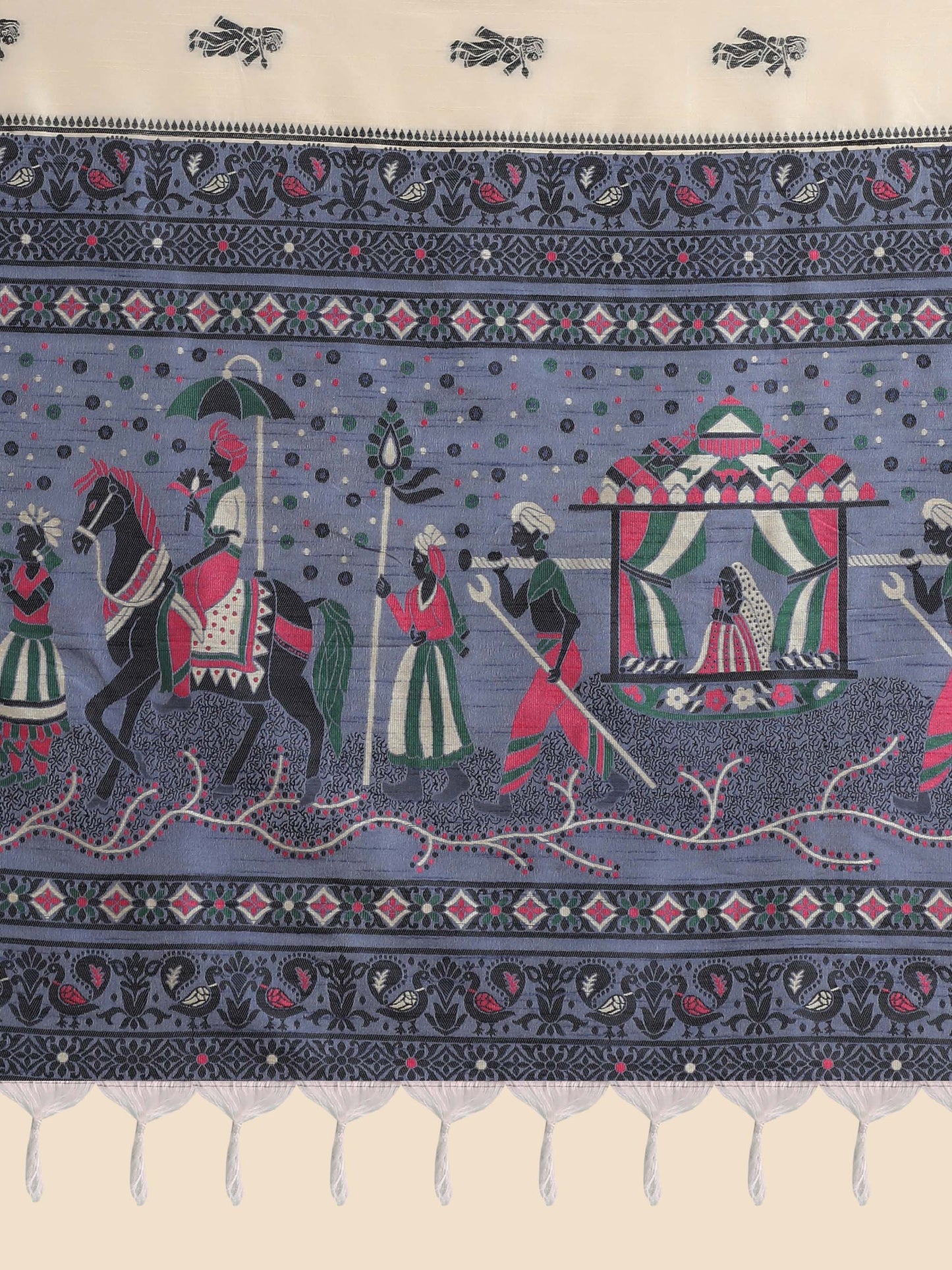 Cream Kalamkari Woven Handloom Raw Silk Saree with Blue Blouse