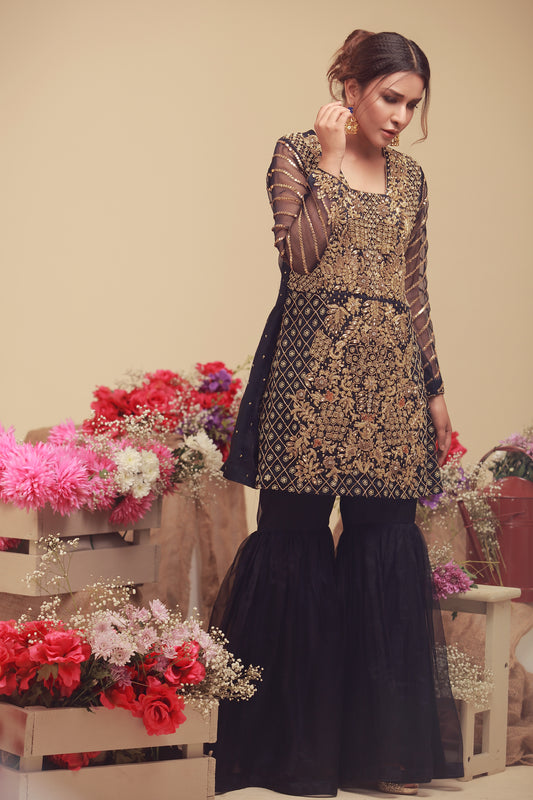 Dark Blue Partywear Gharara for Wedding Guest