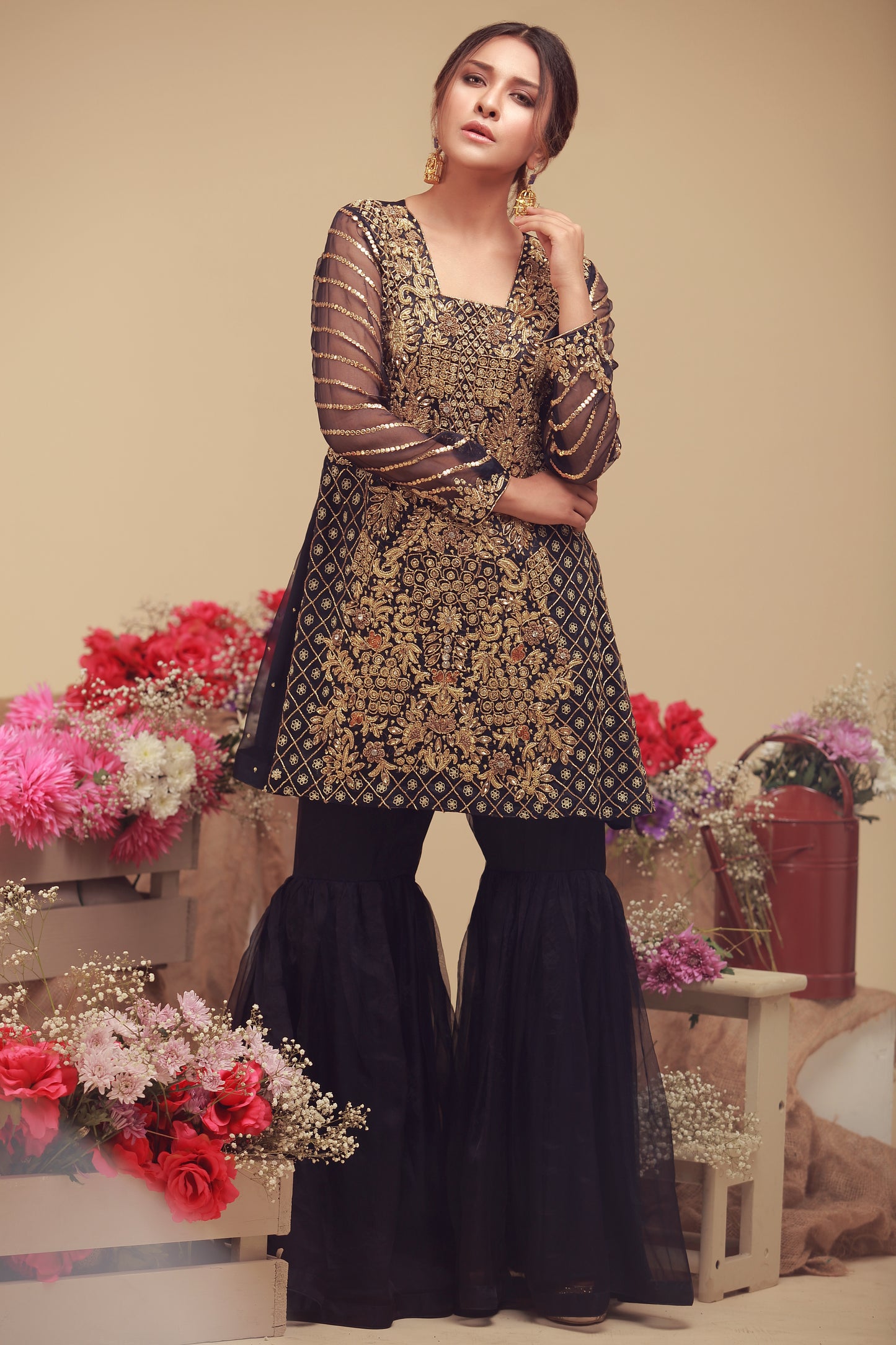 Dark Blue Partywear Gharara for Wedding Guest
