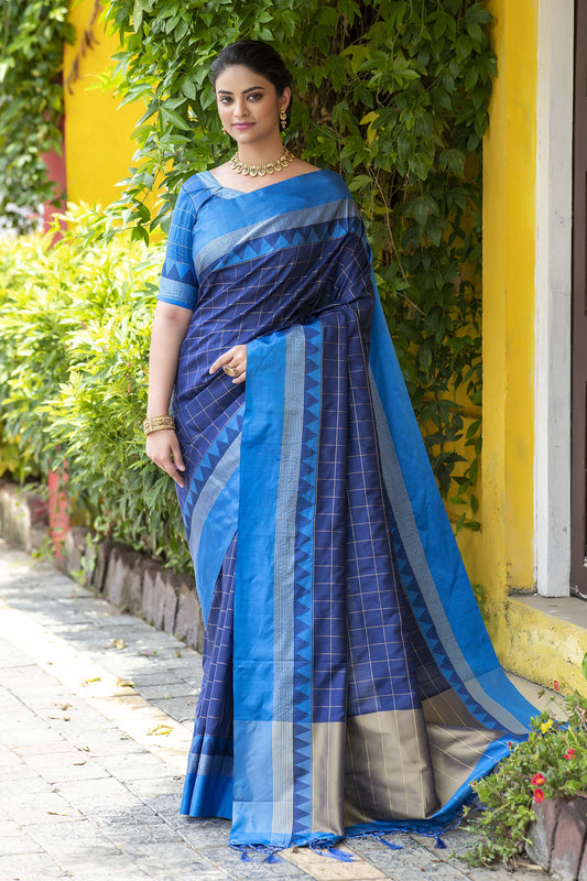 Blue Zari Woven Raw Silk Saree