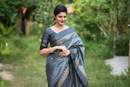 Grey Zari Woven Raw Silk Saree