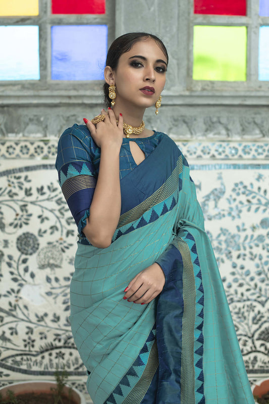 Teal Zari Woven Raw Silk Saree