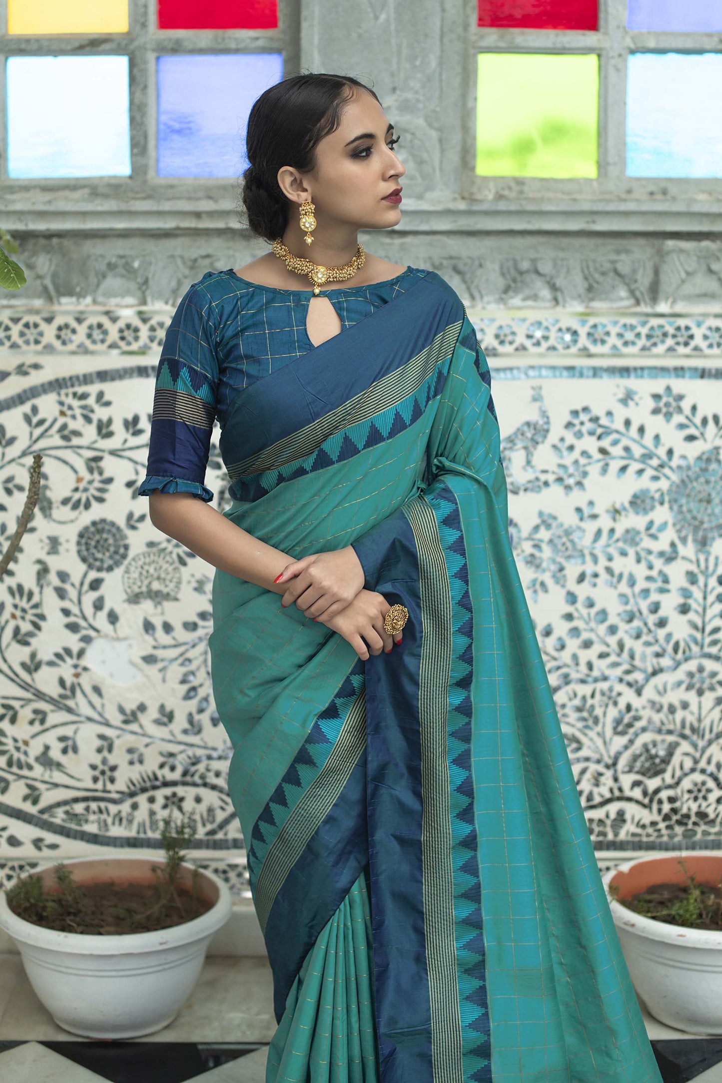 Teal Zari Woven Raw Silk Saree