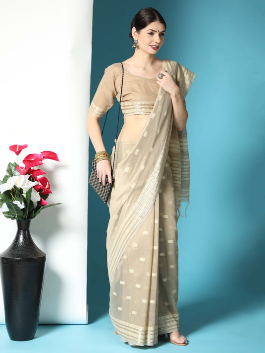 Beige Chikankari Woven Lucknowi Cotton Saree