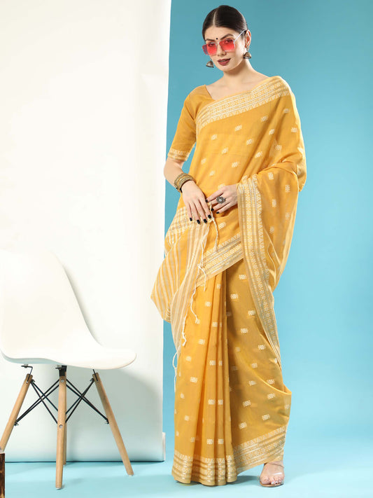 Mustard Chikankari Woven Lucknowi Cotton Saree