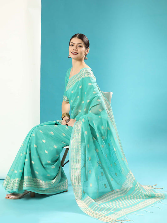 Sea Green Chikankari Woven Lucknowi Cotton Saree