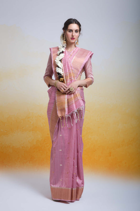 Butti Baby Pink Zari Woven Cotton Silk Saree