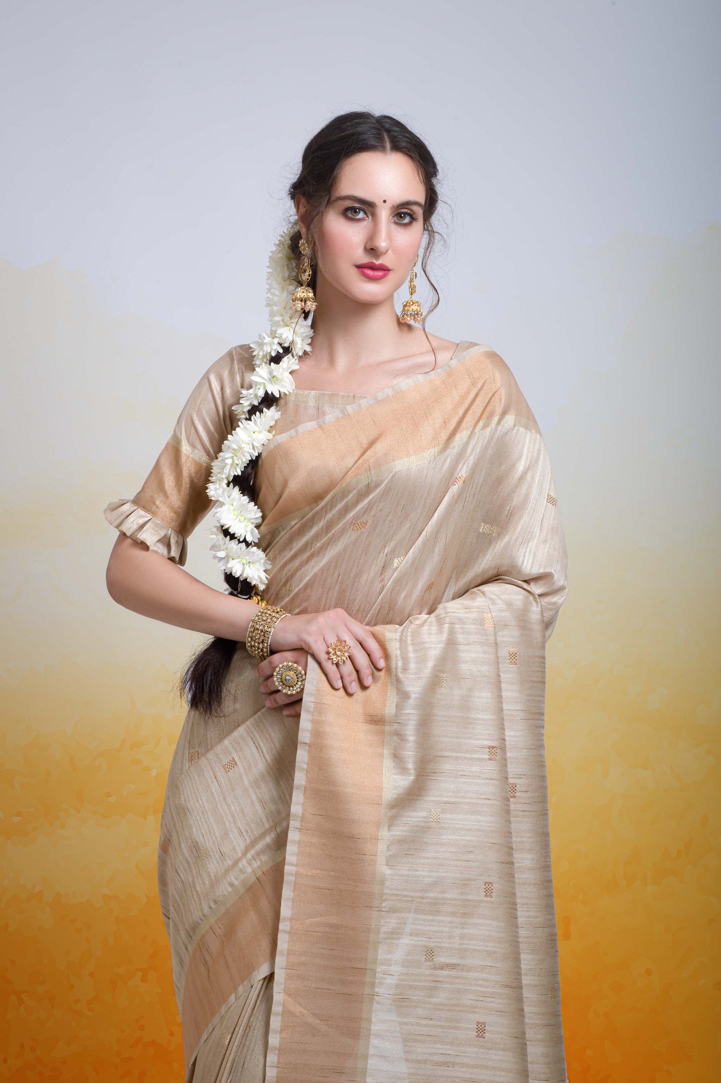Butti Beige Zari Woven Cotton Silk Saree