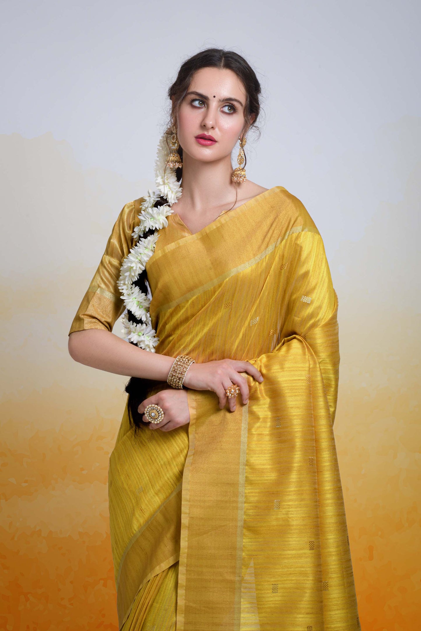 Butti Mustard Zari Woven Cotton Silk Saree