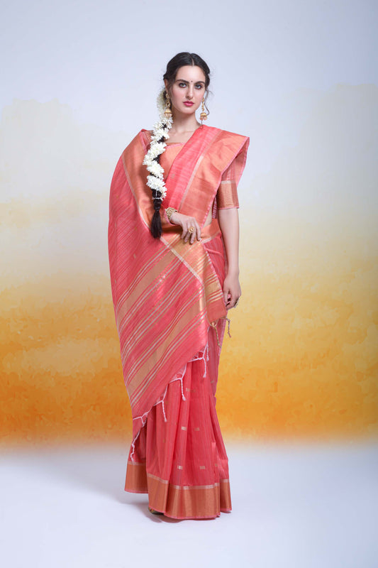 Butti Rani Pink Zari Woven Cotton Silk Saree
