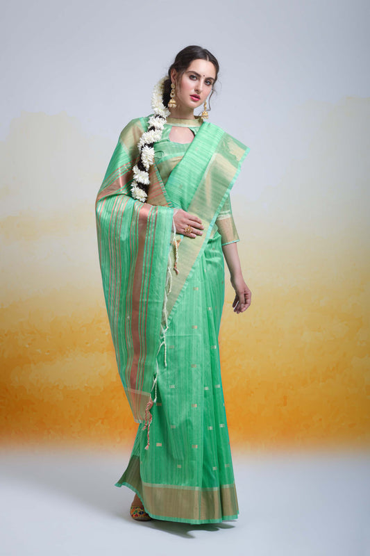Butti Sea Green Zari Woven Cotton Silk Saree