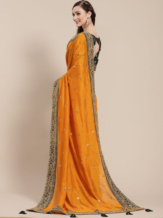 Mustard Yellow Silk Partywear Sequins Work Saree for Haldi