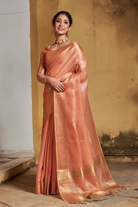 Orange Zari Woven Tissue Linen Saree