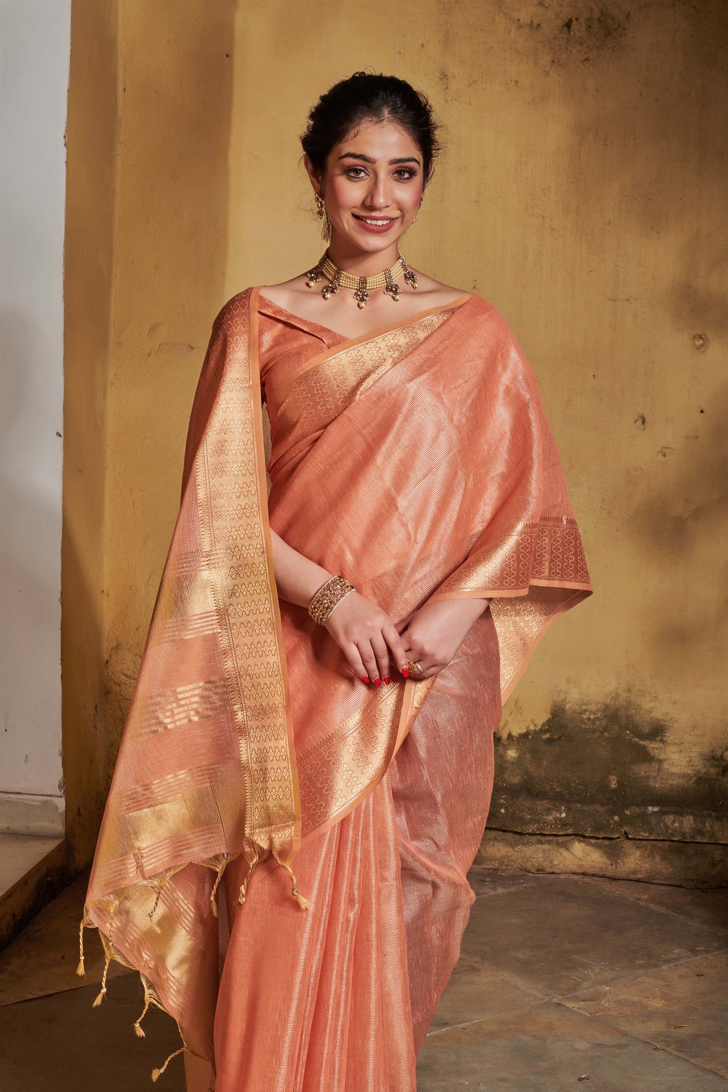 Orange Zari Woven Tissue Linen Saree