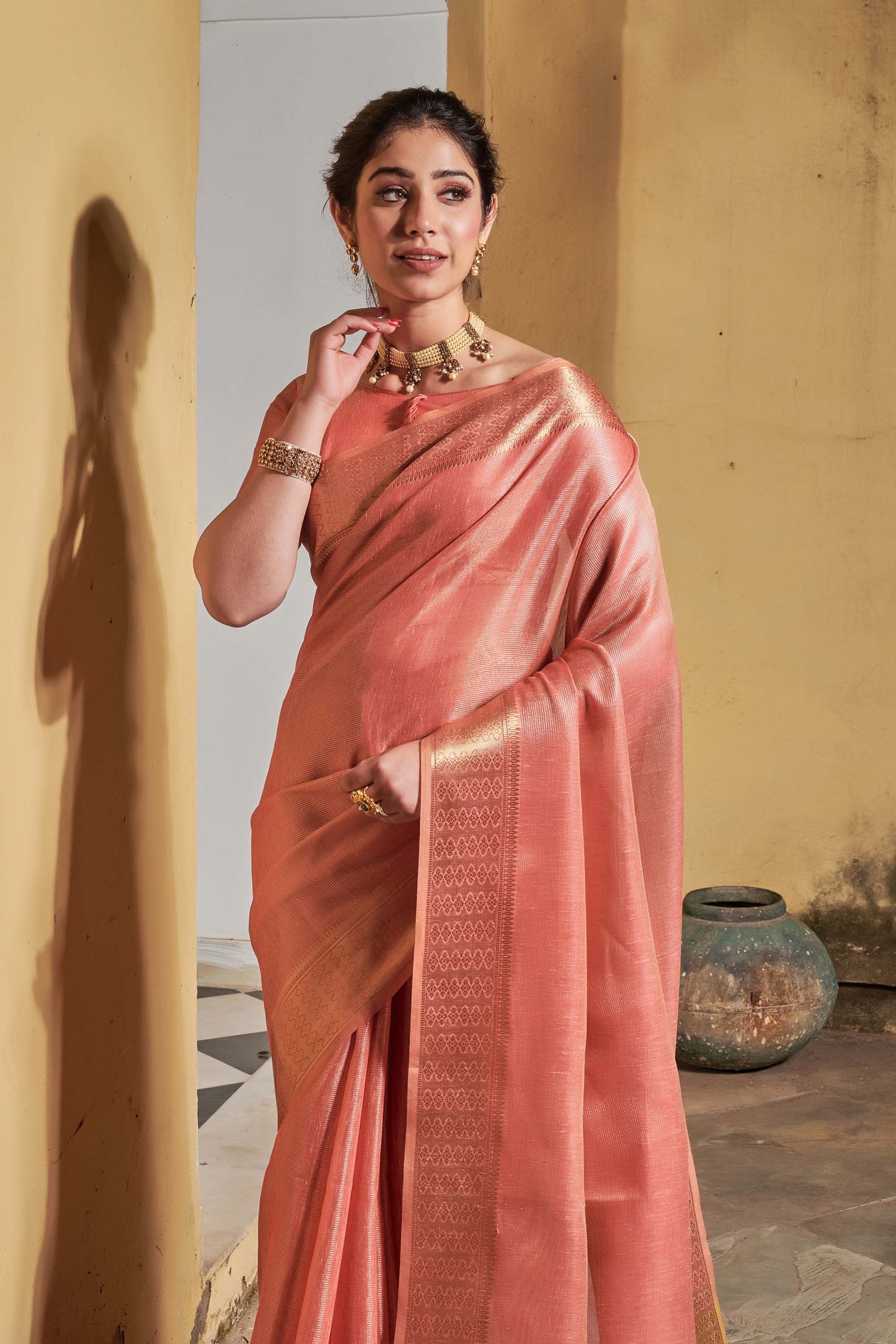 Pink Zari Woven Tissue Linen Saree
