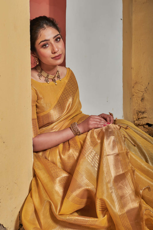 Yellow Zari Woven Tissue Linen Saree
