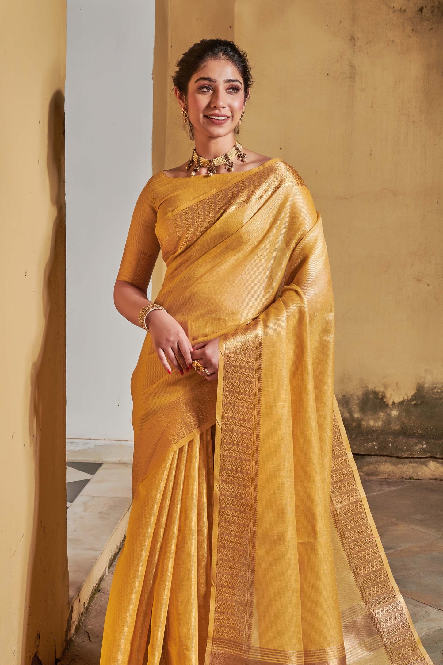 Yellow Zari Woven Tissue Linen Saree