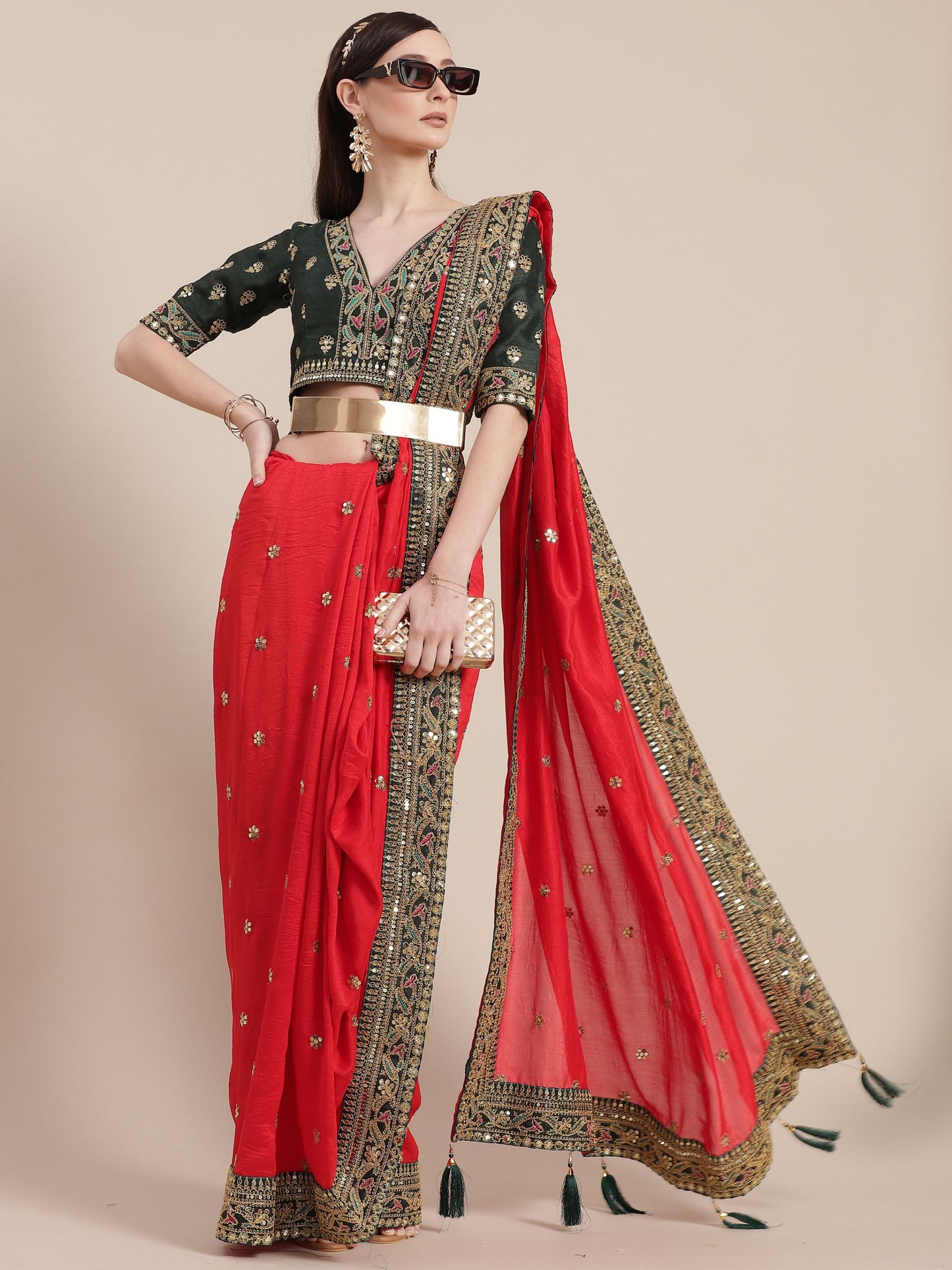 Red Silk Partywear Sequins Work Saree for Sangeet