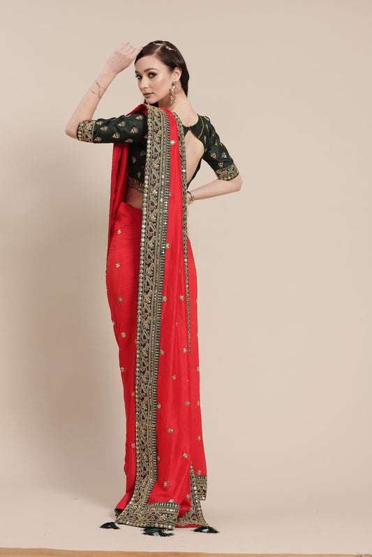 Red Silk Partywear Sequins Work Saree for Sangeet