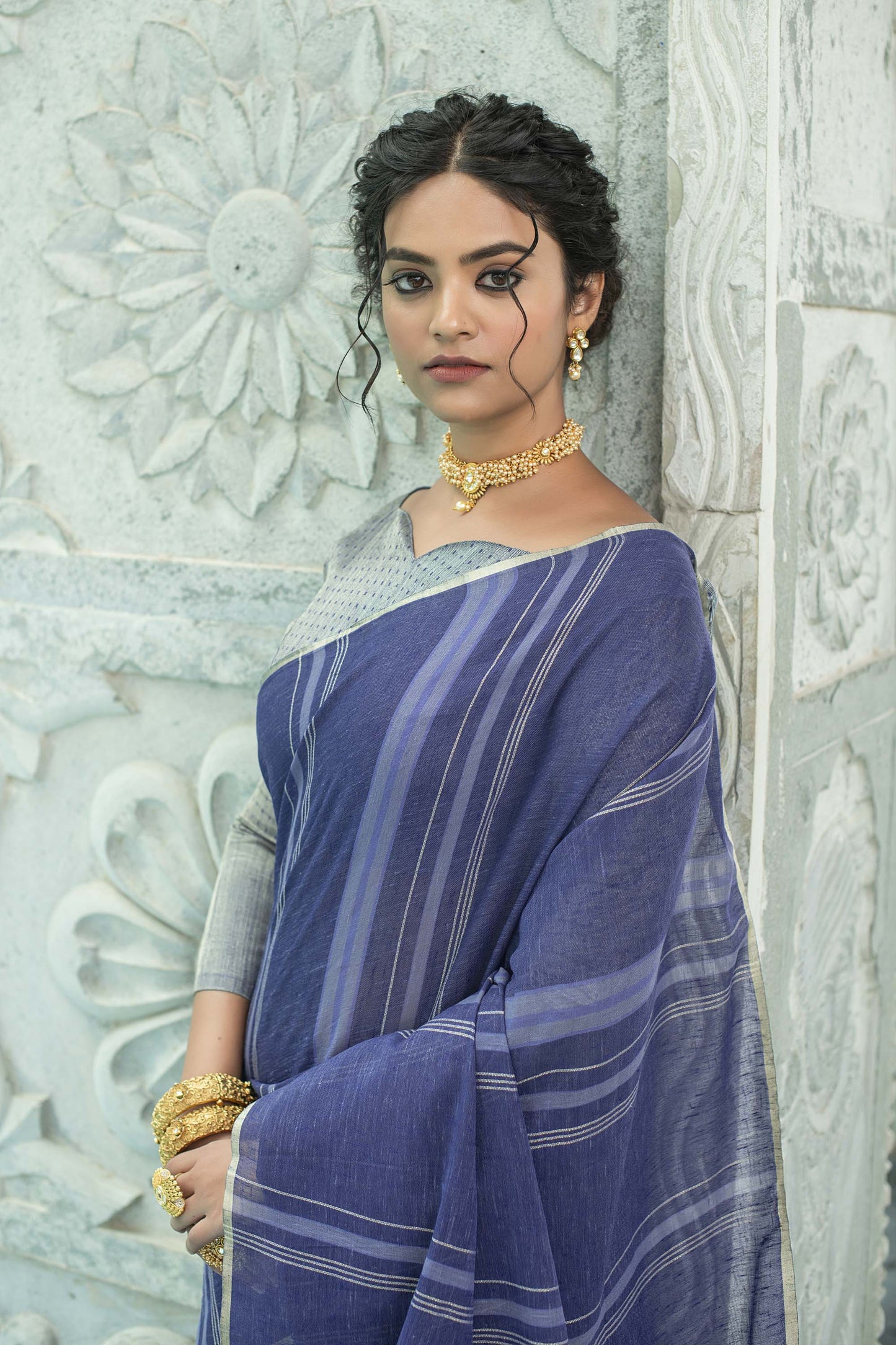 Blue Zari Woven Linen Saree with Grey Blouse