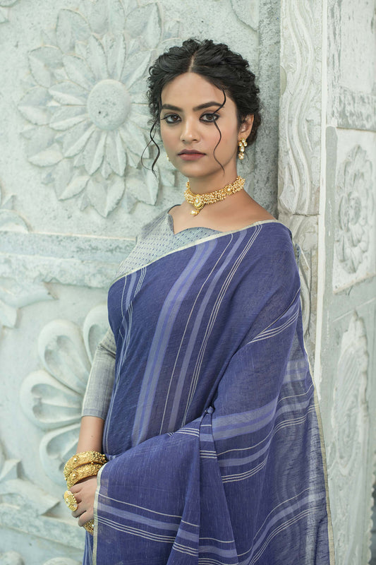 Blue Zari Woven Linen Saree with Grey Blouse
