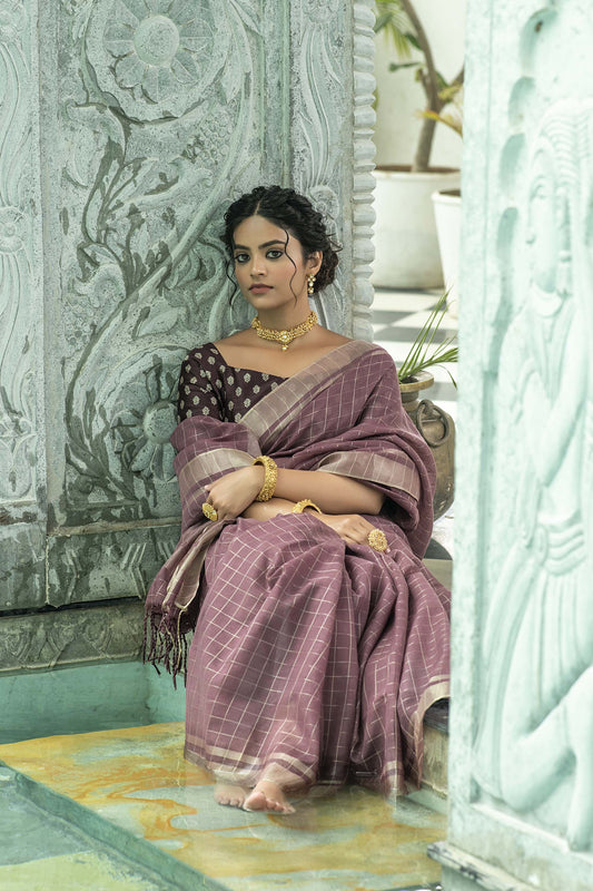 Wine Zari Woven Linen Saree with Wine Blouse