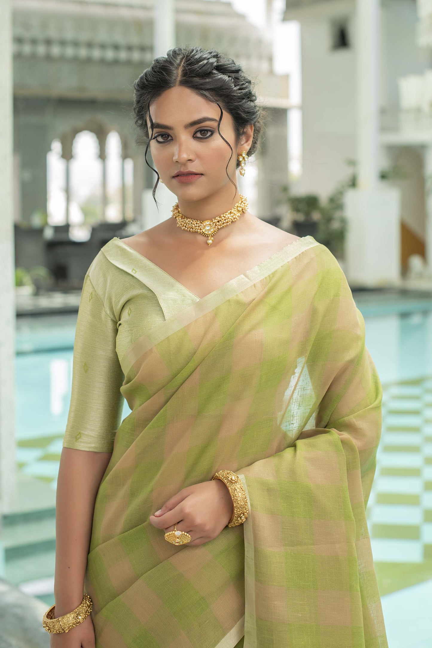 Mehendi Zari Woven Linen Saree