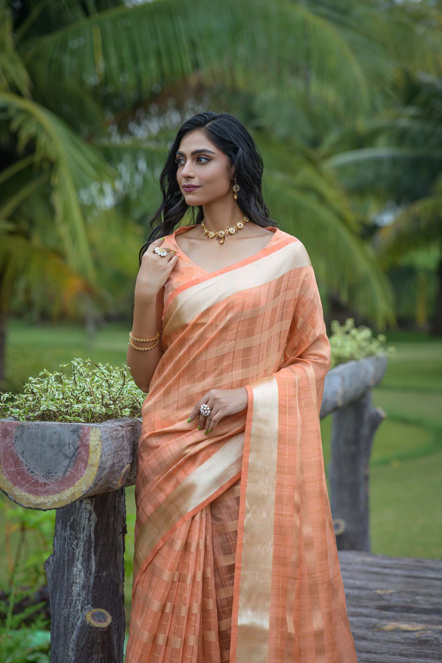 Orange Zari Woven Organza Saree