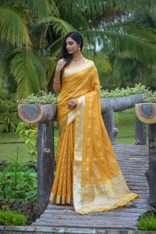 Yellow Zari Woven Organza Saree