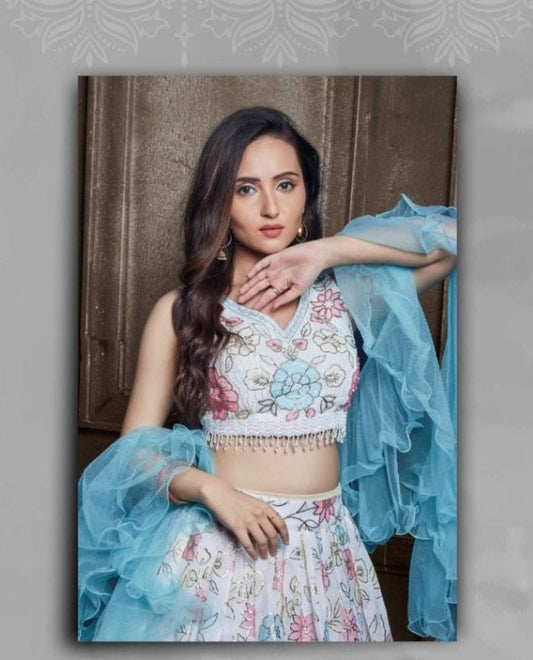 White and Blue Color Embroidered Viscose Georgette Lehenga