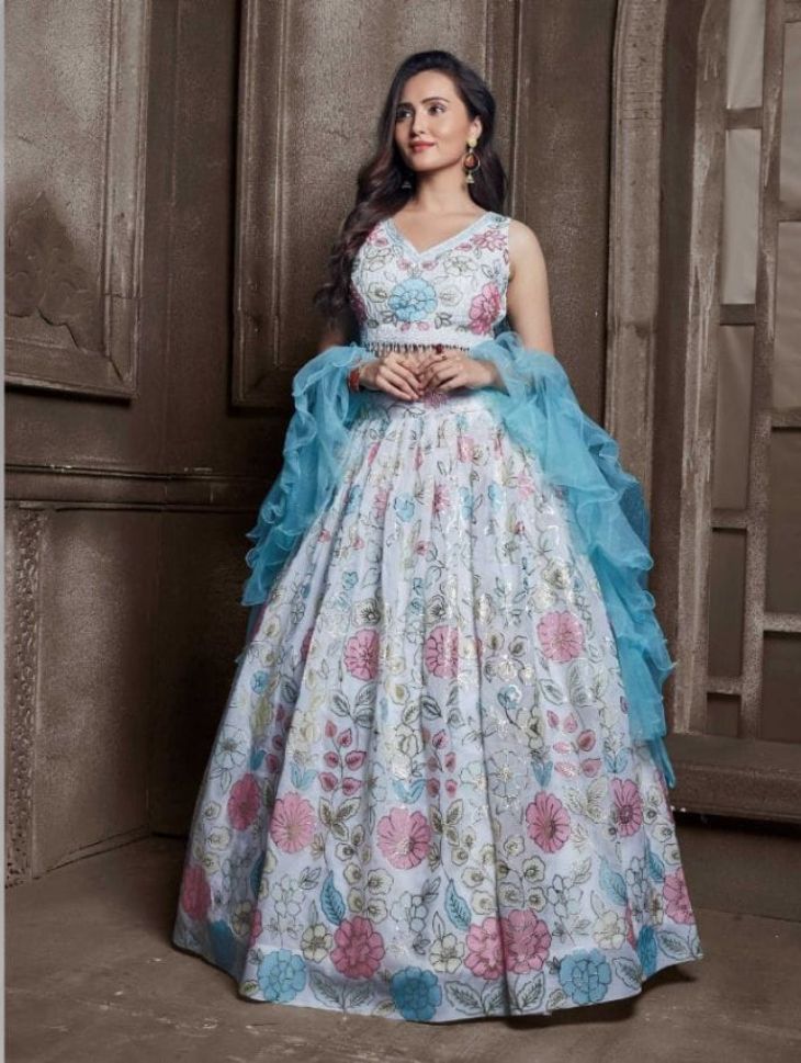 White and Blue Color Embroidered Viscose Georgette Lehenga Mohi fashion White and Blue Color Embroidered Viscose Georgette Lehenga Mohi fashion