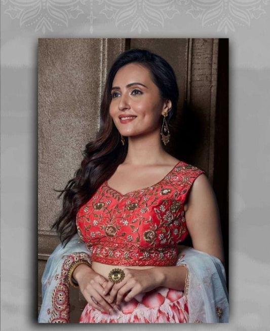 Red and White Color Embroidered Viscose Georgette Lehenga