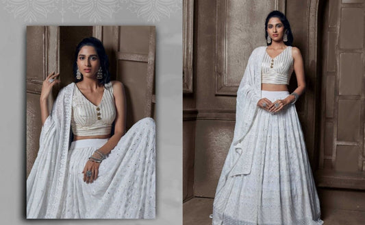 White Color Embroidered Viscose Georgette Lehenga